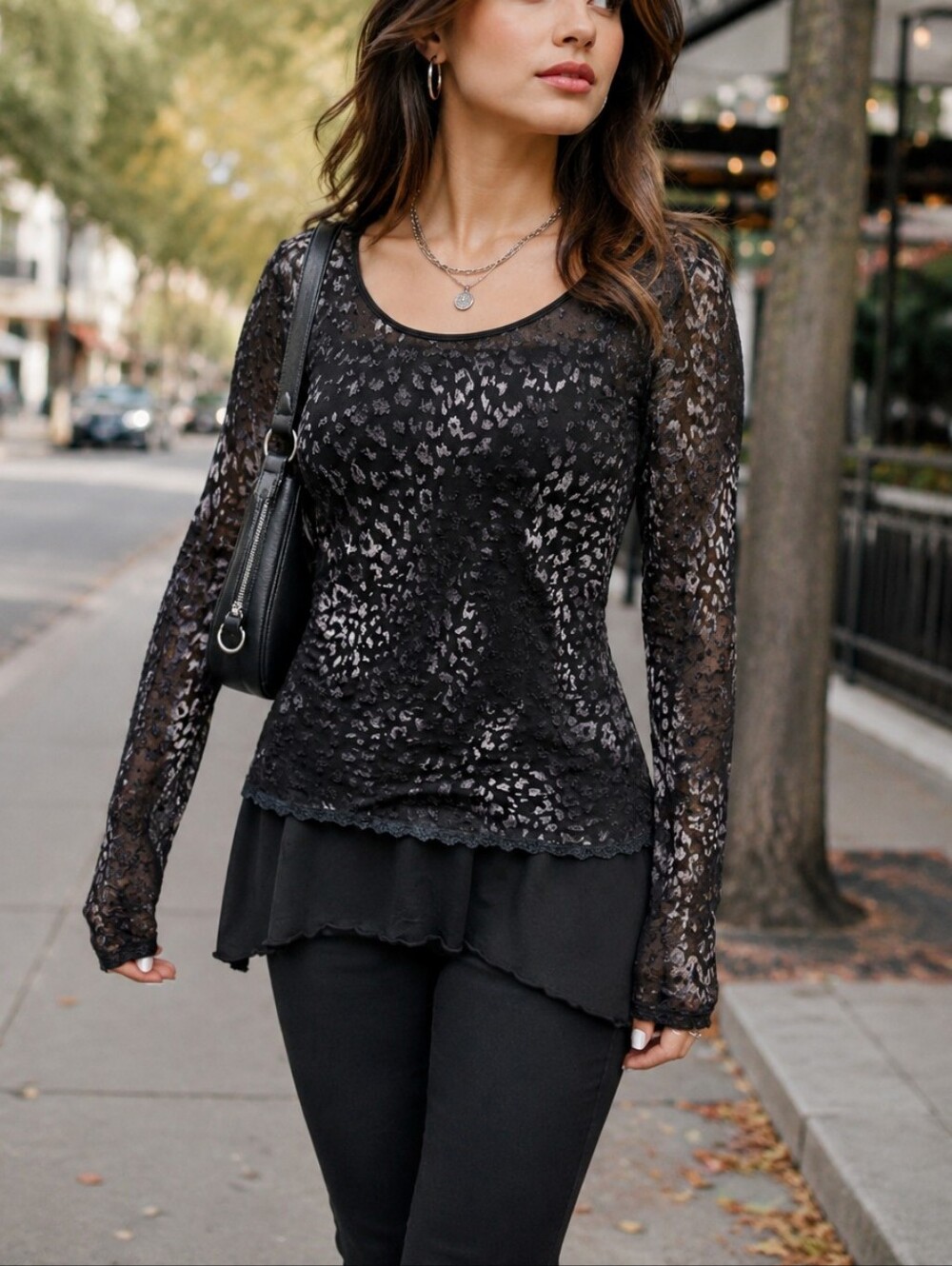 Boo Radley Black Layered Animal Print Long Sleeve Top Sheer Mesh Y2K Fall Casual